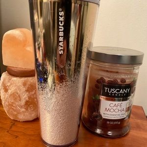 Gold and white snow sparkles Starbucks tumbler.